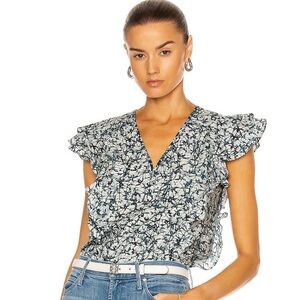 Veronica Beard Joi Batik Cotton Flutter Sleeve Blouse Blue Floral Size 2